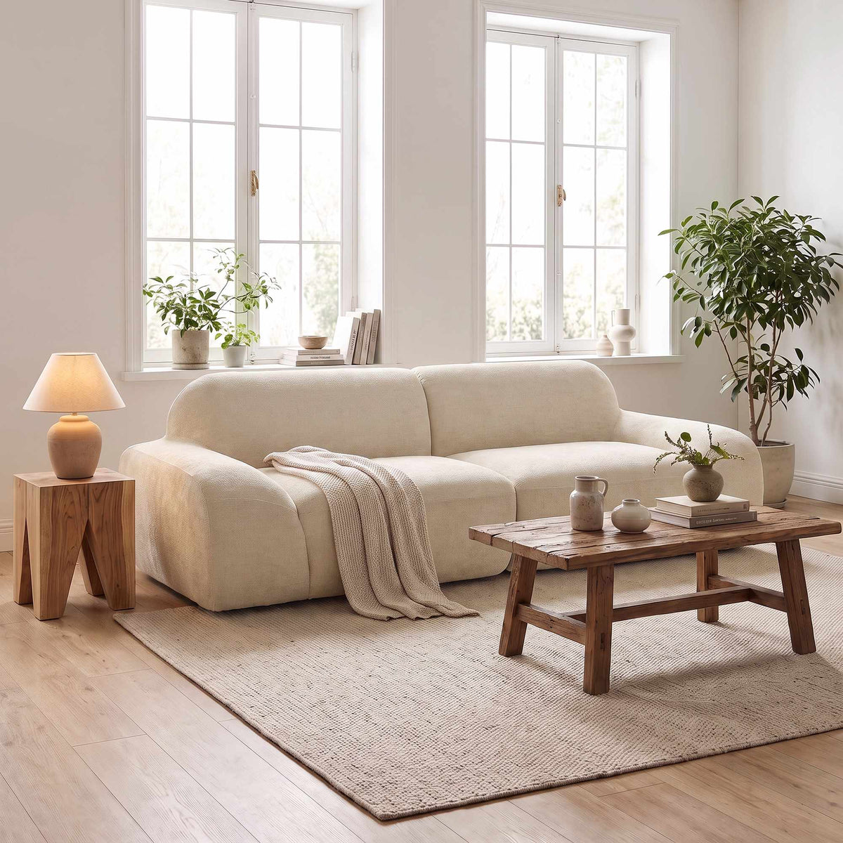 3-Seater Sofa, Cream White, Chenille Upholstery, No Assembly