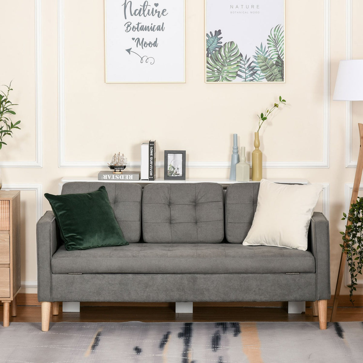 3-Seater Sofa Fabric Sofa Double Sofa Removable With Cushions Rubber Wood Cotton Gray 166.5 X 62 X 82 Cm