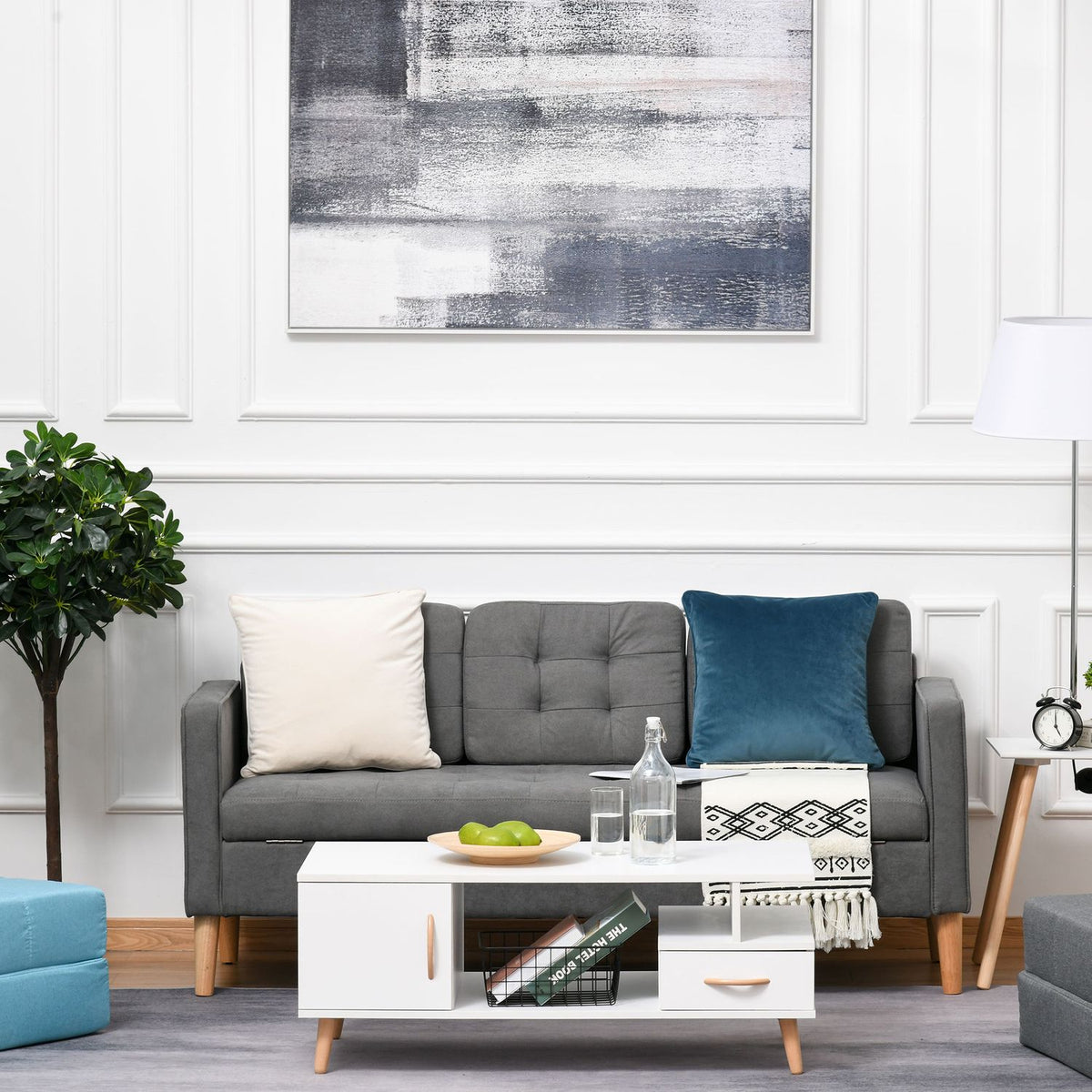 3-Seater Sofa Fabric Sofa Double Sofa Removable With Cushions Rubber Wood Cotton Gray 166.5 X 62 X 82 Cm