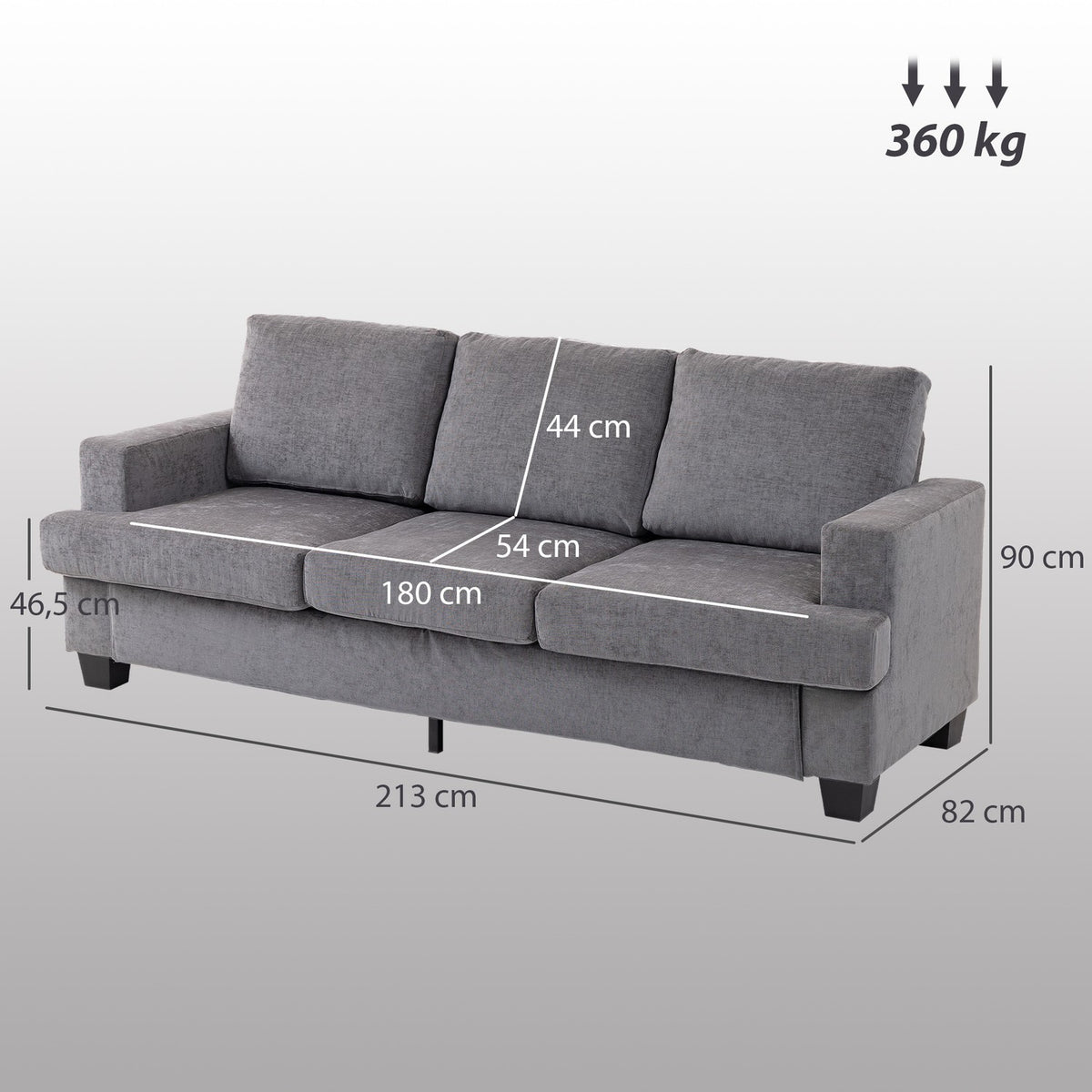 3-Seater Sofa, Grey Fabric Upholstery, Steel Frame