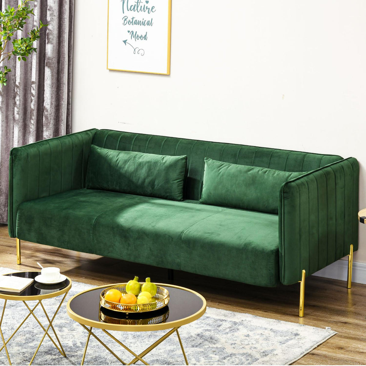 3-Seater Sofa, Guest Sofa With 2 Seat Cushions, Three-Seater Couch With Armrests, Upholstered Sofa With Velvet Look, 200 X 88 X 76 Cm, Green