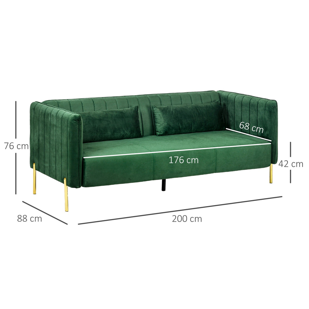 3-Seater Sofa, Guest Sofa With 2 Seat Cushions, Three-Seater Couch With Armrests, Upholstered Sofa With Velvet Look, 200 X 88 X 76 Cm, Green