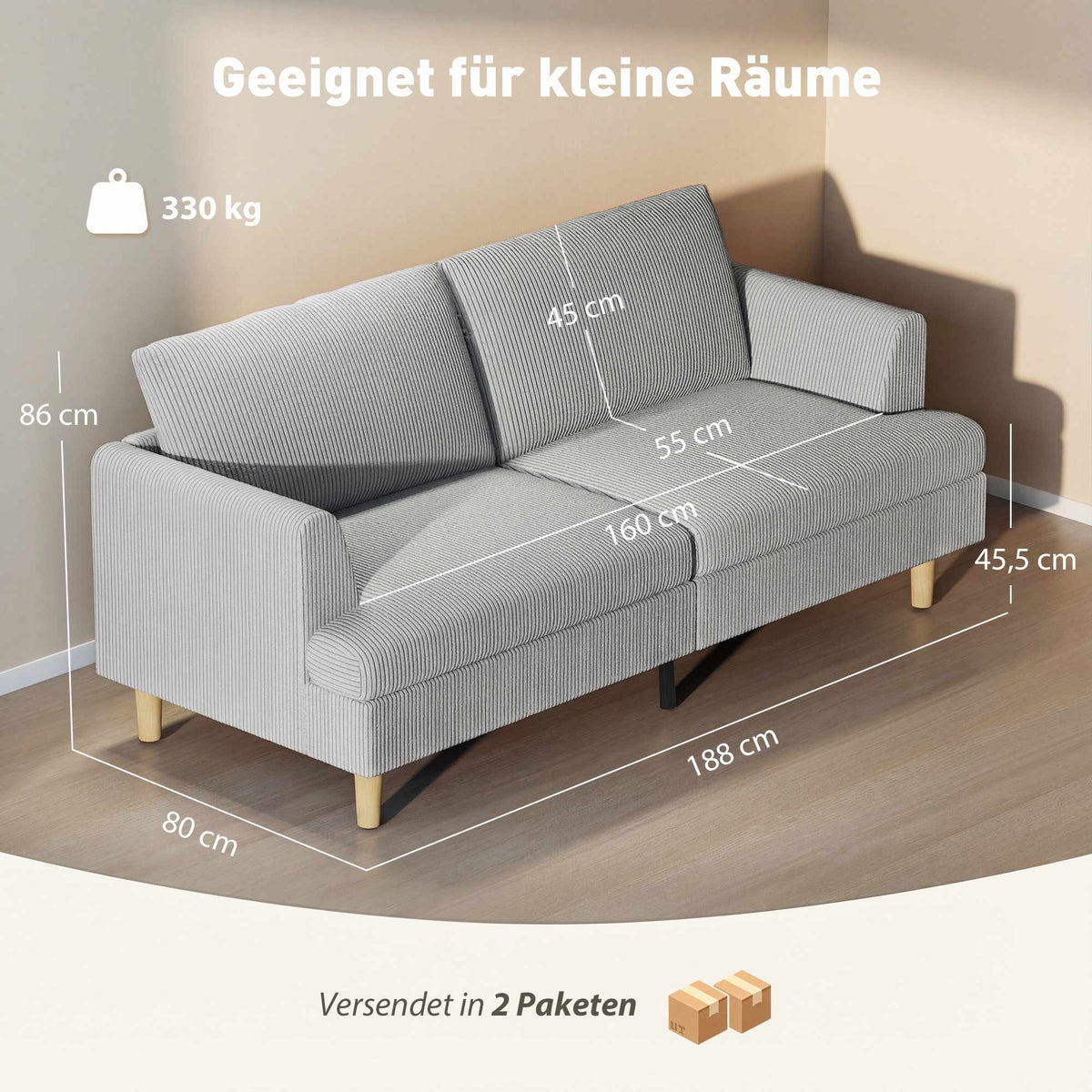 3-Seater Sofa, High-Density Foam, Cord Fabric, 188 cm
