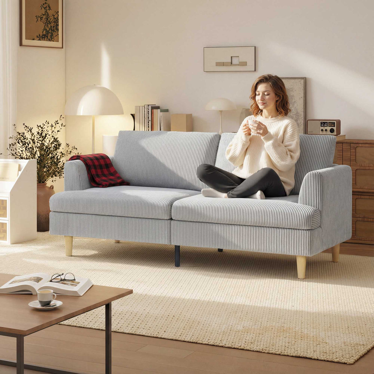3-Seater Sofa, High-Density Foam, Cord Fabric, 188 cm