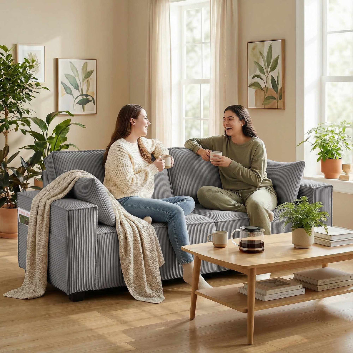3-Seater Sofa, Light Grey Corduroy, Pocket Spring Cushions