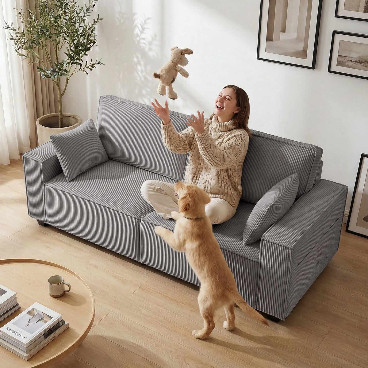 3-Seater Sofa, Light Grey Corduroy, Pocket Spring Cushions