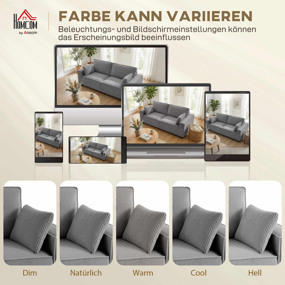 3-Seater Sofa, Light Grey Corduroy, Pocket Spring Cushions