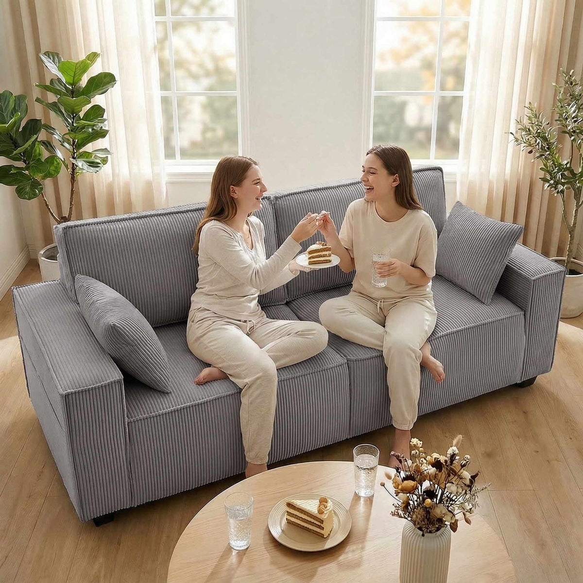 3-Seater Sofa, Light Grey Corduroy, Pocket Spring Cushions