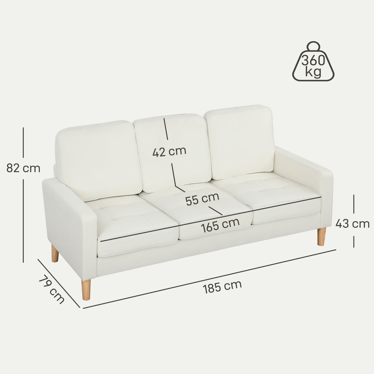 3-Seater Sofa, Thick Cushions, Rubberwood, Cream Fabric