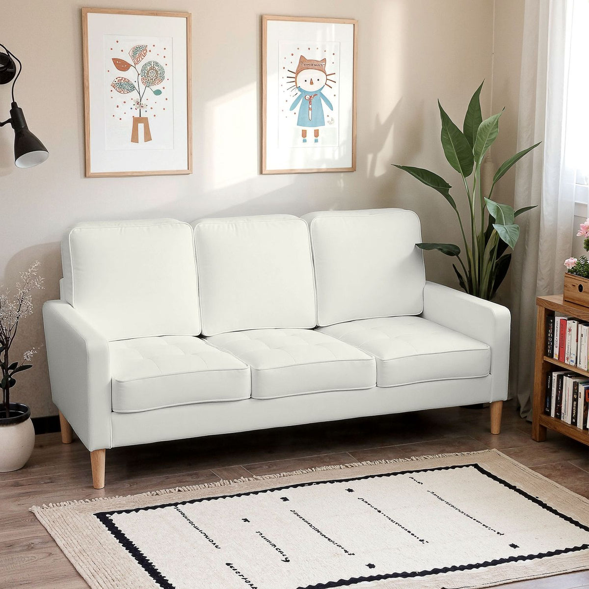 3-Seater Sofa, Thick Cushions, Rubberwood, Cream Fabric