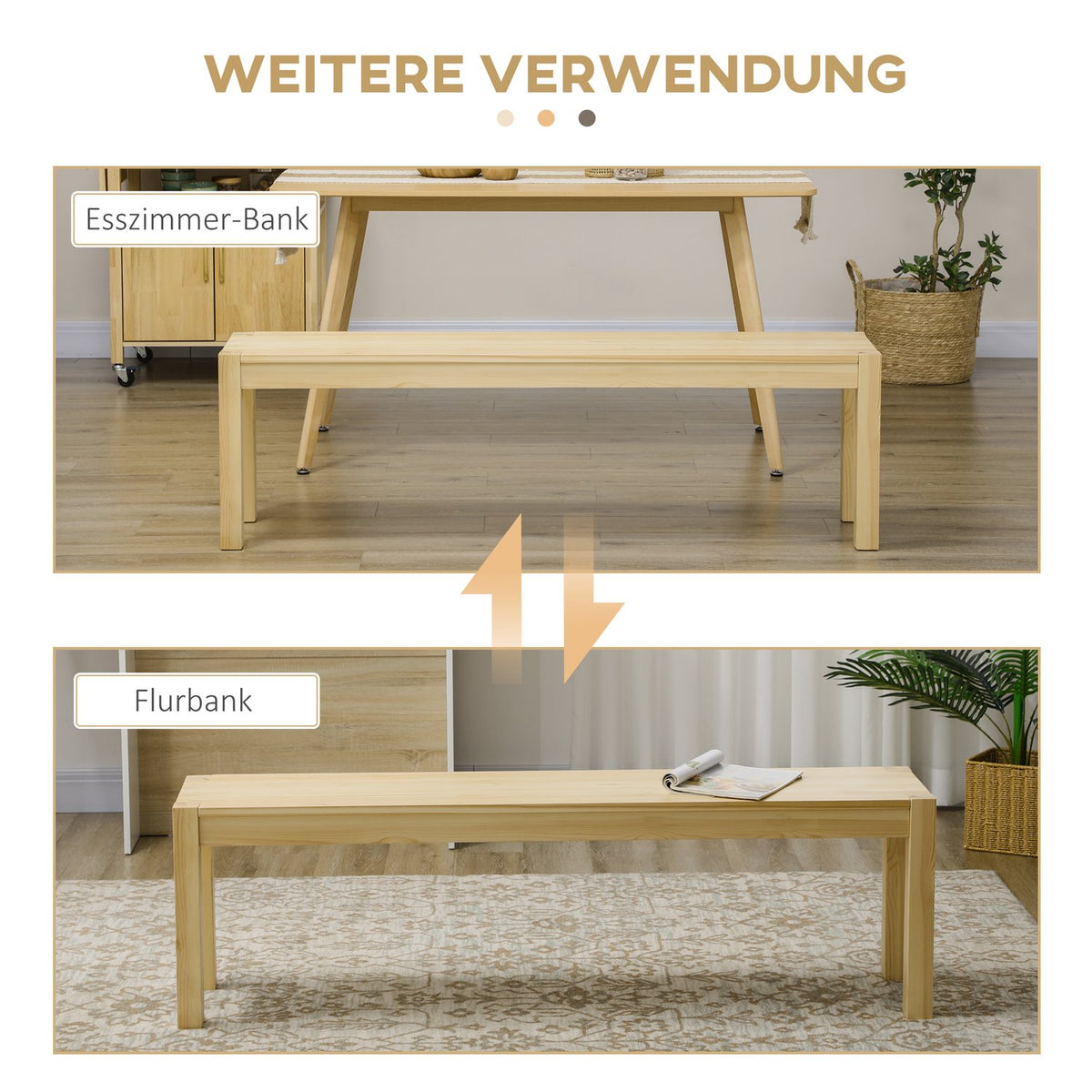 3-Seater Wooden Bench, Dining Bench In Country House Style, Kitchen Bench, Pine Wood, Can Hold Up To 330 Kg, Natural, 150 X 33 X 45 Cm