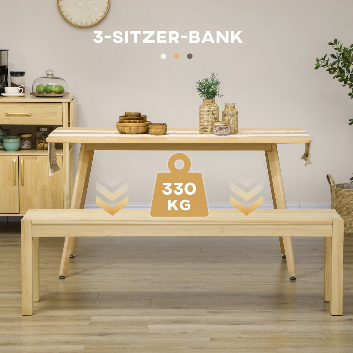 3-Seater Wooden Bench, Dining Bench In Country House Style, Kitchen Bench, Pine Wood, Can Hold Up To 330 Kg, Natural, 150 X 33 X 45 Cm