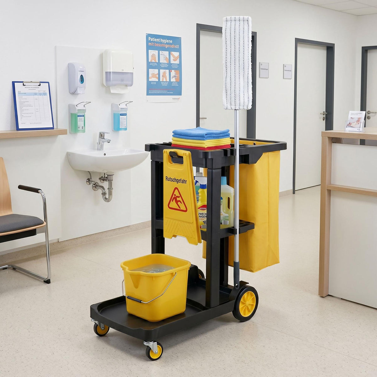 3-Shelf Cleaning Trolley with Bin Bag, Black-Yellow