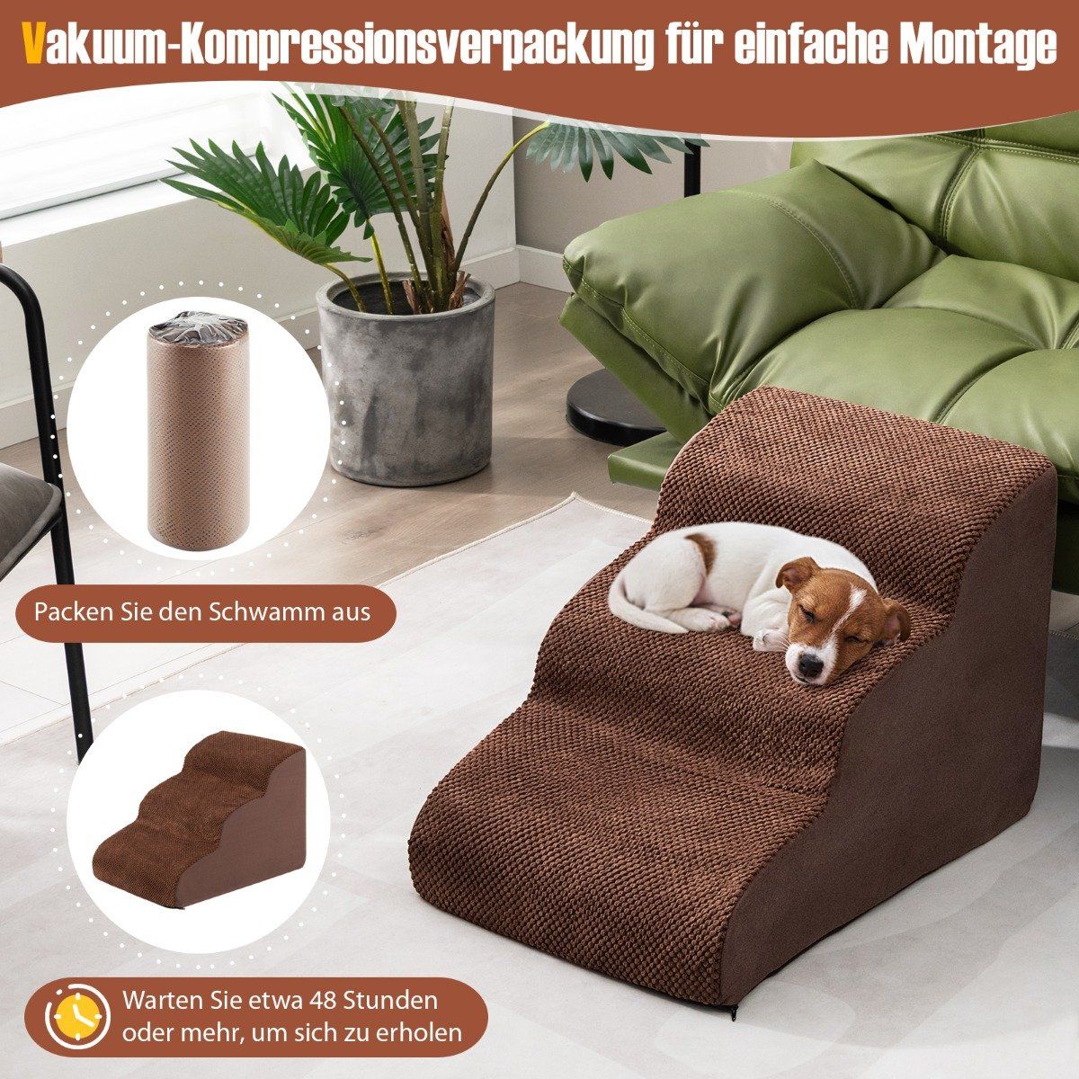 3-Step Foam Pet Ramp, 58x42x40 cm, Non-Slip Suede