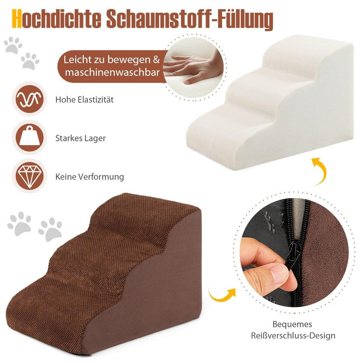 3-Step Foam Pet Ramp, 58x42x40 cm, Non-Slip Suede