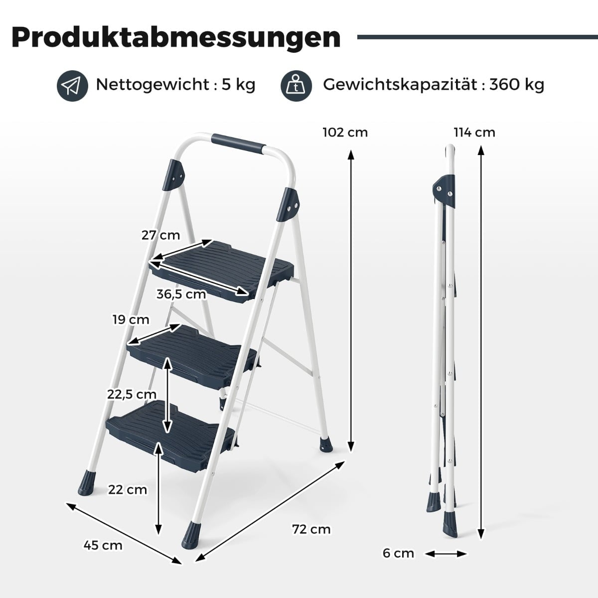 3-Step Folding Ladder with Handrail, 360 kg Capacity