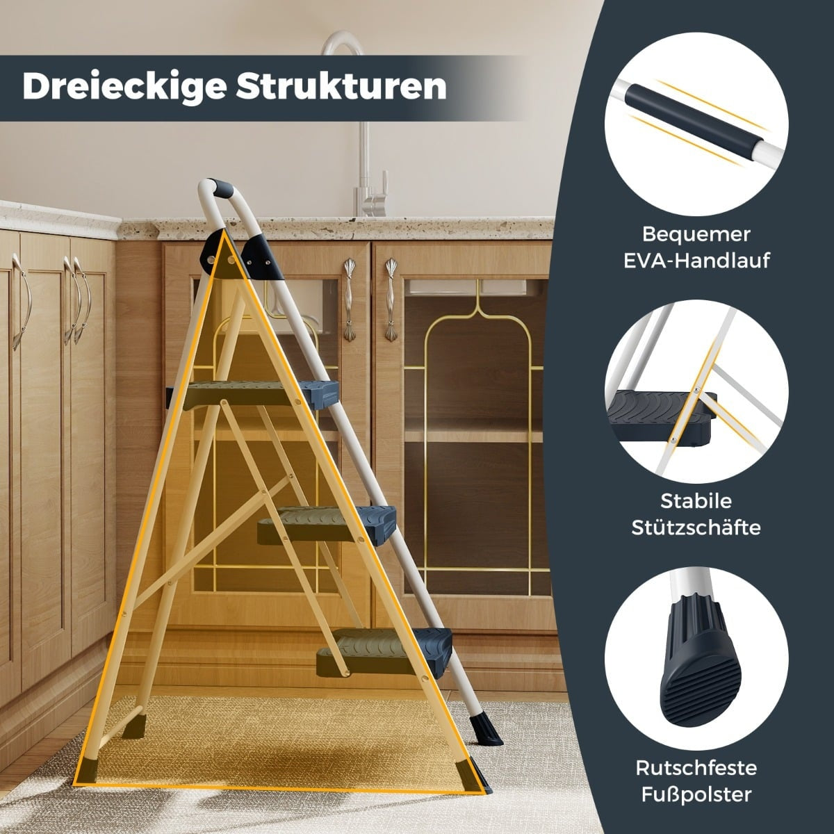 3-Step Folding Ladder with Handrail, 360 kg Capacity