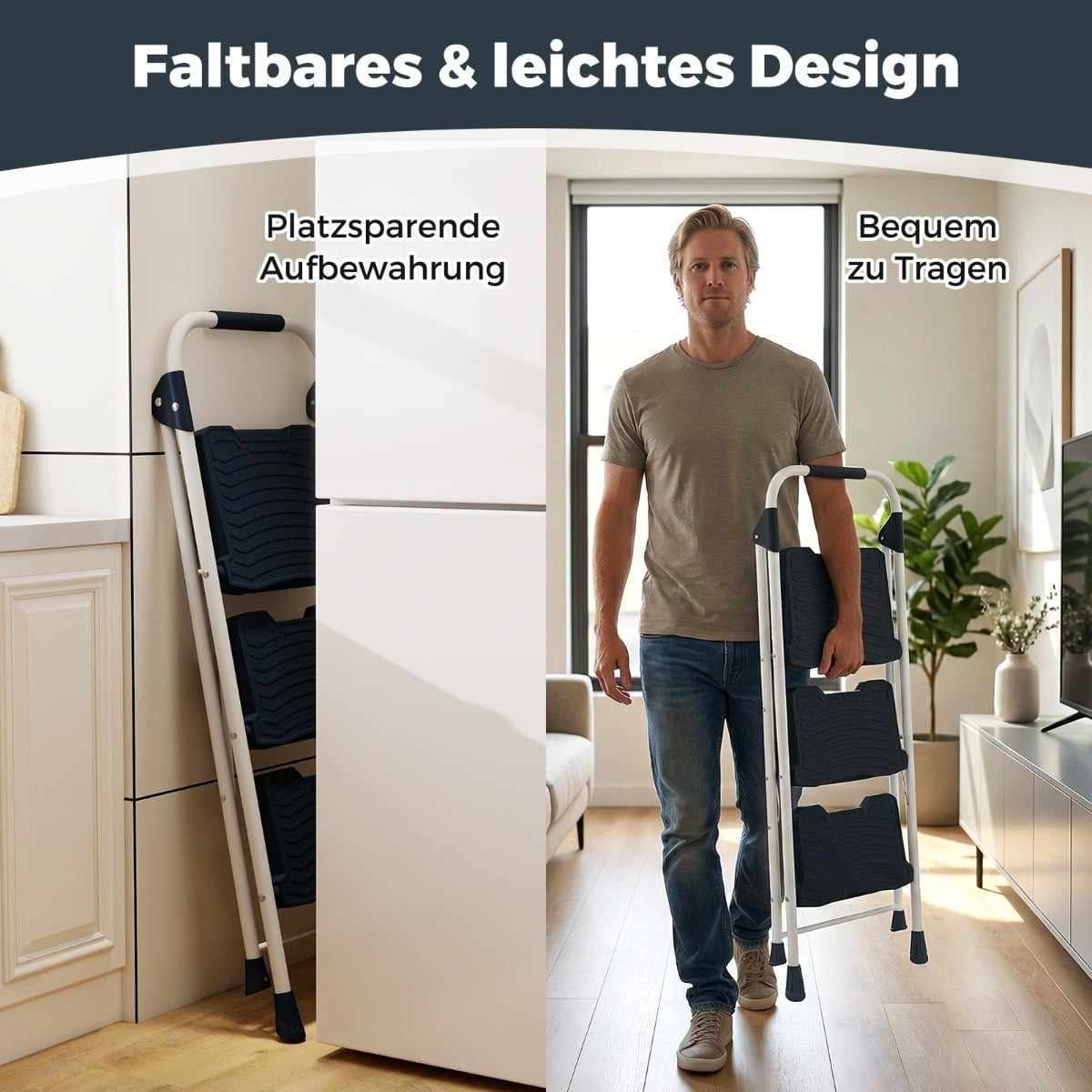 3-Step Folding Ladder with Handrail, 360 kg Capacity
