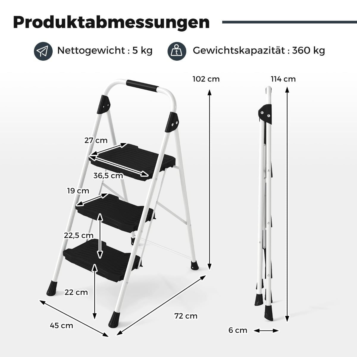 3-Step Folding Ladder with Handrail, Non-Slip Steps