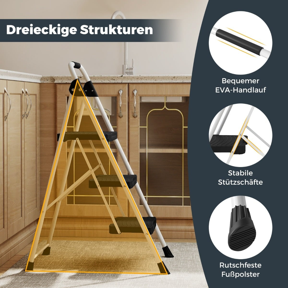 3-Step Folding Ladder with Handrail, Non-Slip Steps