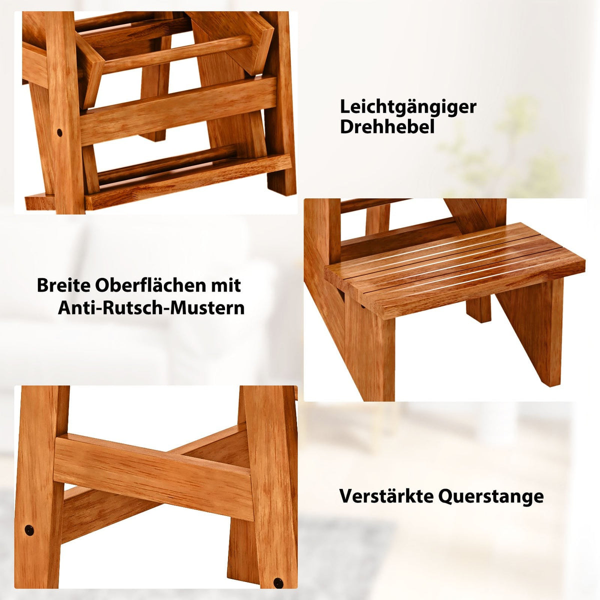 3-Step Rubberwood Ladder Stool, Non-Slip, Brown