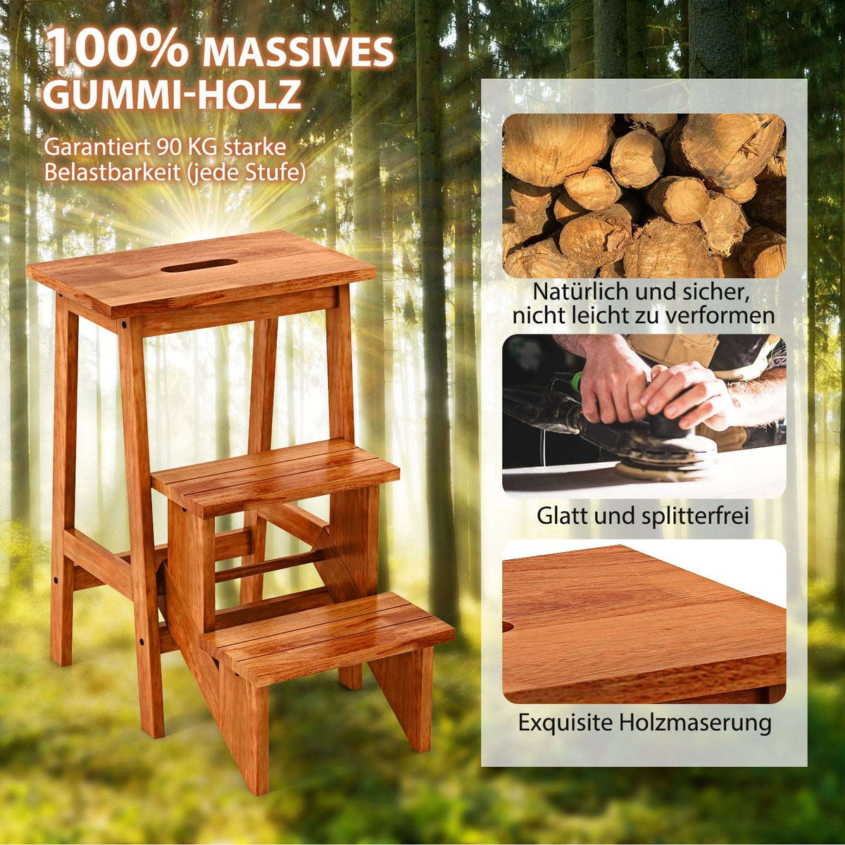 3-Step Rubberwood Ladder Stool, Non-Slip, Brown