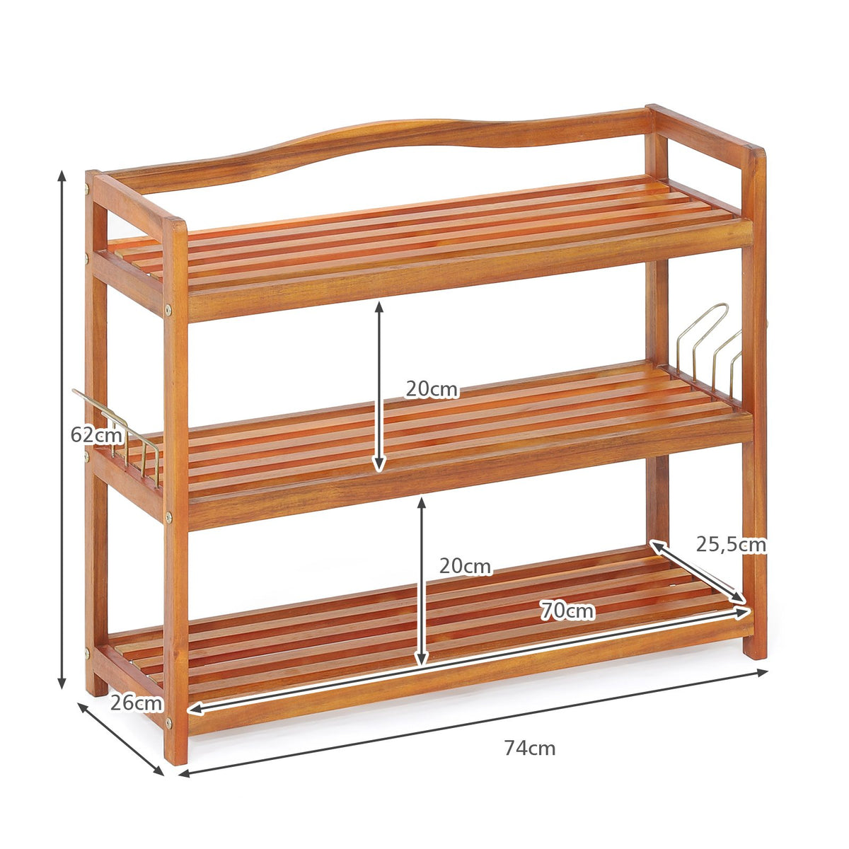 3-Tier Acacia Wood Shoe Rack with Side Hooks