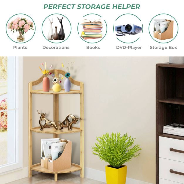 3-Tier Bamboo Corner Shelf Rack, 34 Inch, Freestanding