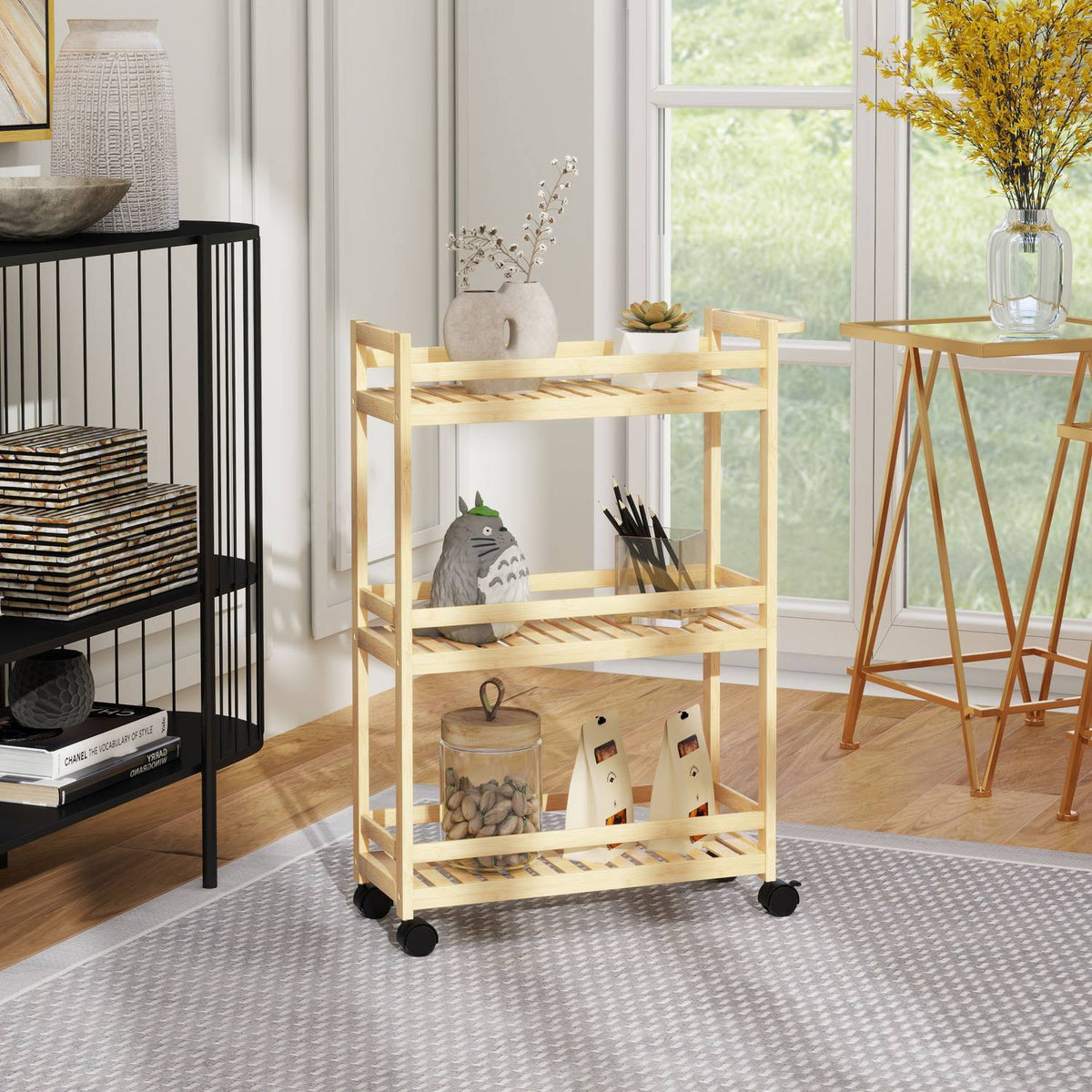 3 Tier Bamboo Serving Trolley Kitchen Trolley with Wheel Utility Trolley with Handle Storage Trolley for Office Living Room Kitchen 55x20x75cm Natural Wood