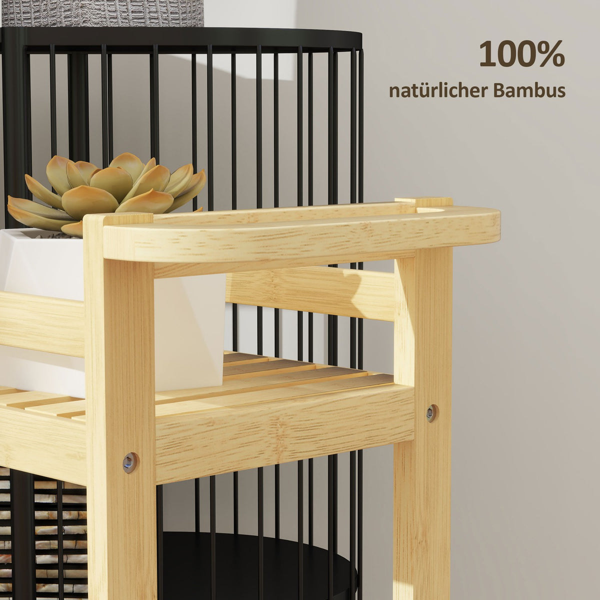 3 Tier Bamboo Serving Trolley Kitchen Trolley with Wheel Utility Trolley with Handle Storage Trolley for Office Living Room Kitchen 55x20x75cm Natural Wood