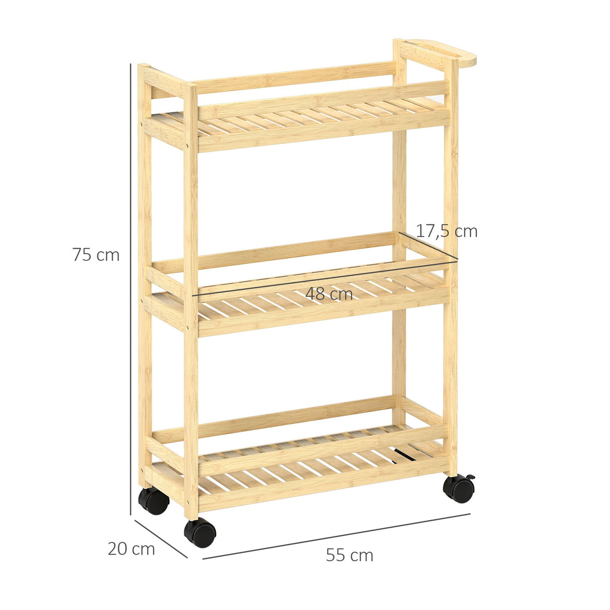 3 Tier Bamboo Serving Trolley Kitchen Trolley with Wheel Utility Trolley with Handle Storage Trolley for Office Living Room Kitchen 55x20x75cm Natural Wood
