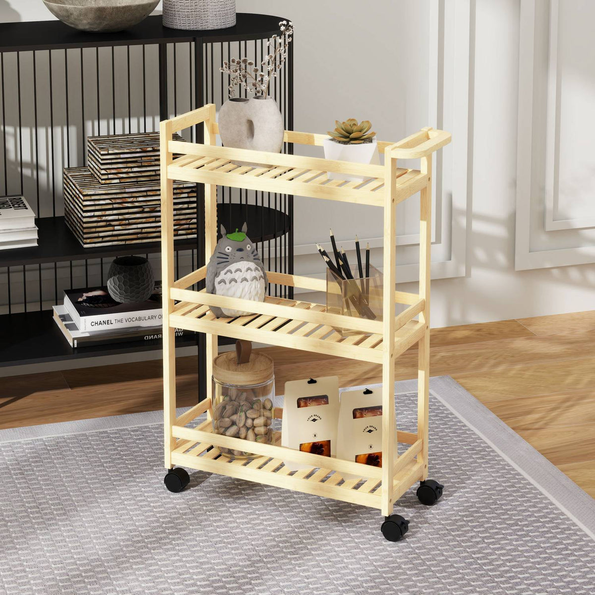 3 Tier Bamboo Serving Trolley Kitchen Trolley with Wheel Utility Trolley with Handle Storage Trolley for Office Living Room Kitchen 55x20x75cm Natural Wood