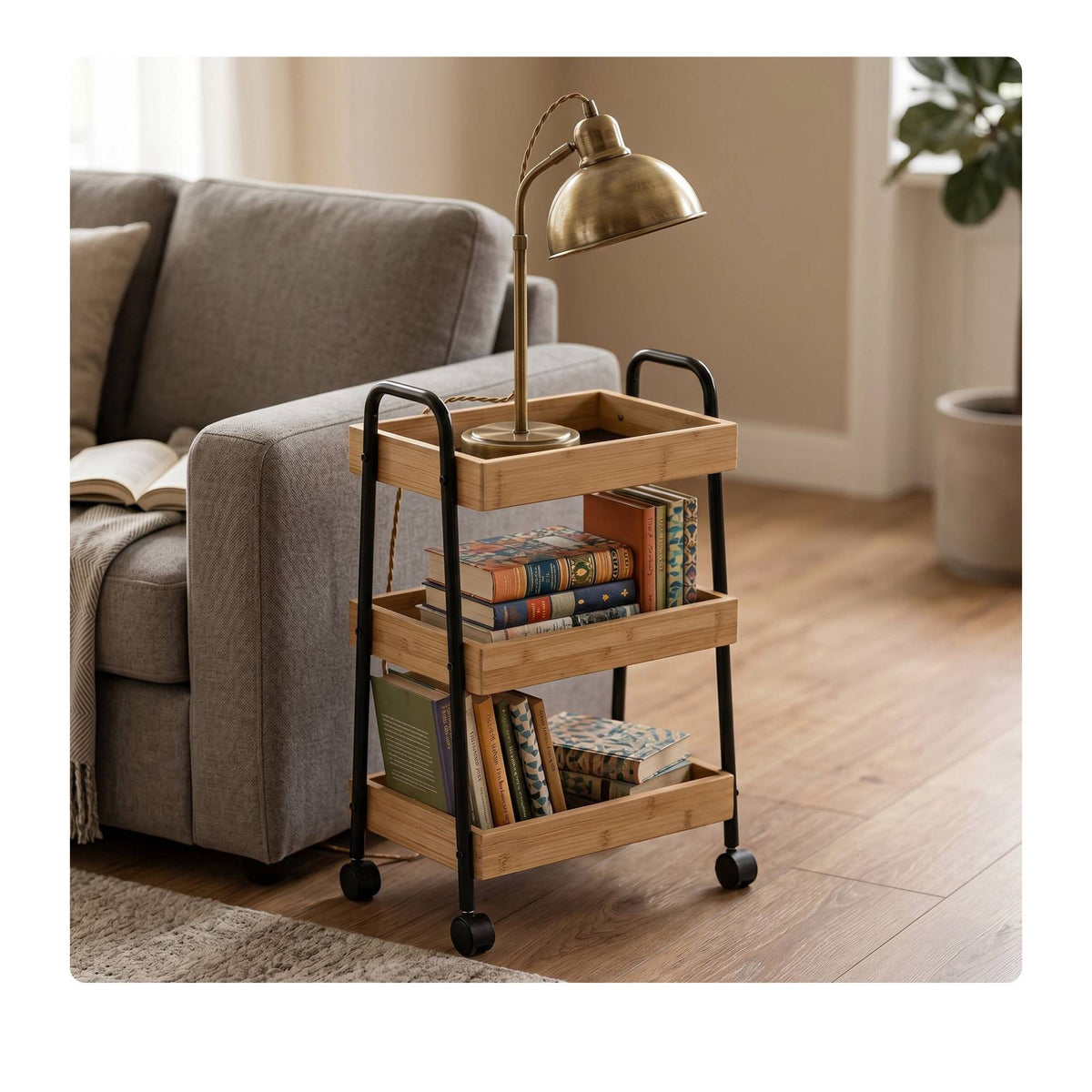 3-Tier Bathroom Trolley – Bamboo and Metal, Braked Wheels