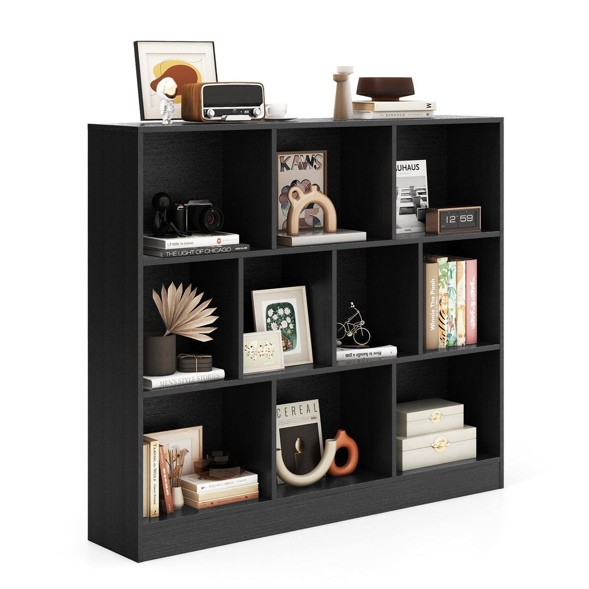 3-Tier Black Bookshelf with 10 Open Compartments