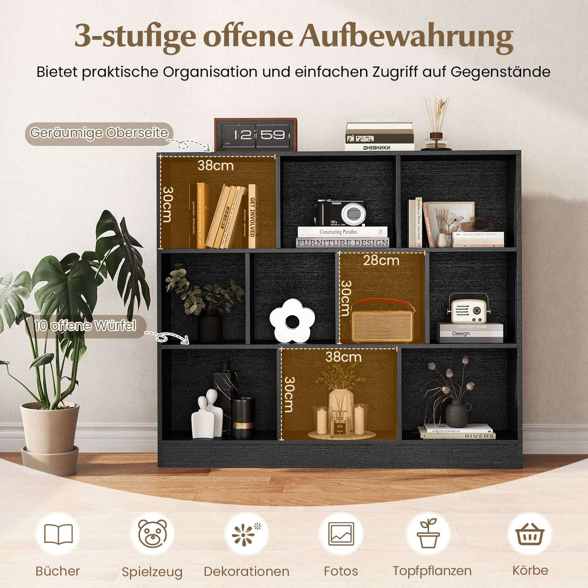 3-Tier Black Bookshelf with 10 Open Compartments