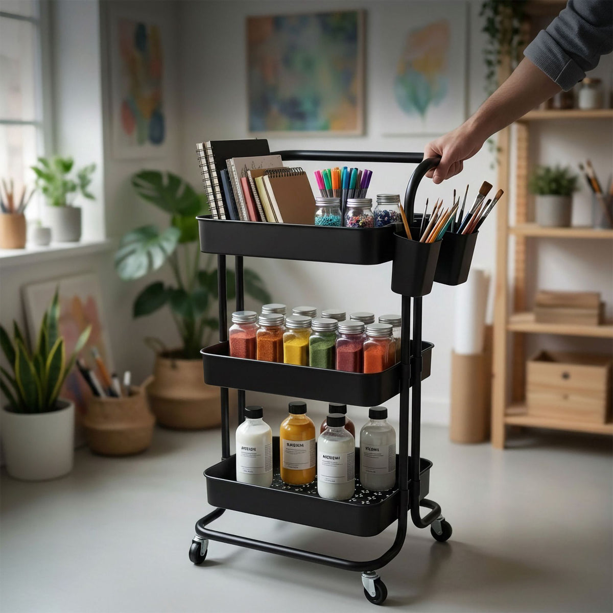 3-Tier Black Metal Storage Trolley with Wheels