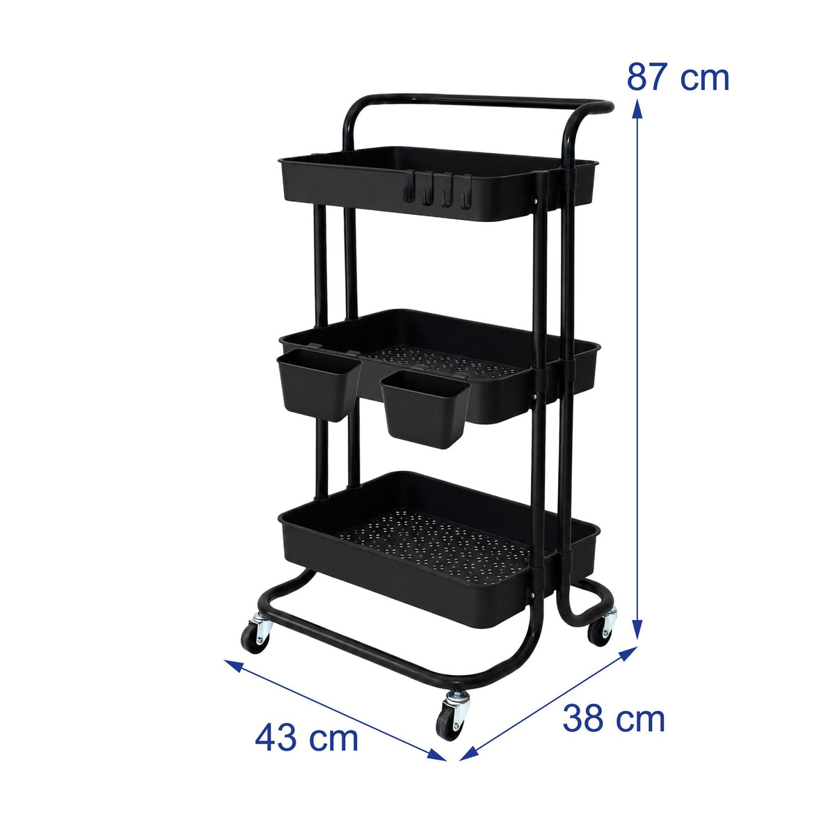 3-Tier Black Metal Storage Trolley with Wheels