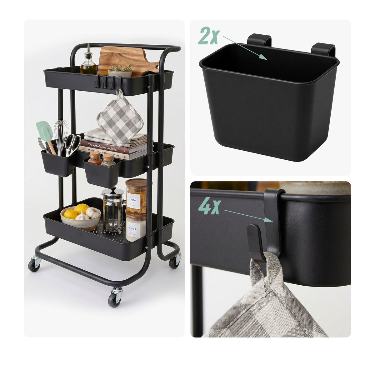 3-Tier Black Metal Storage Trolley with Wheels