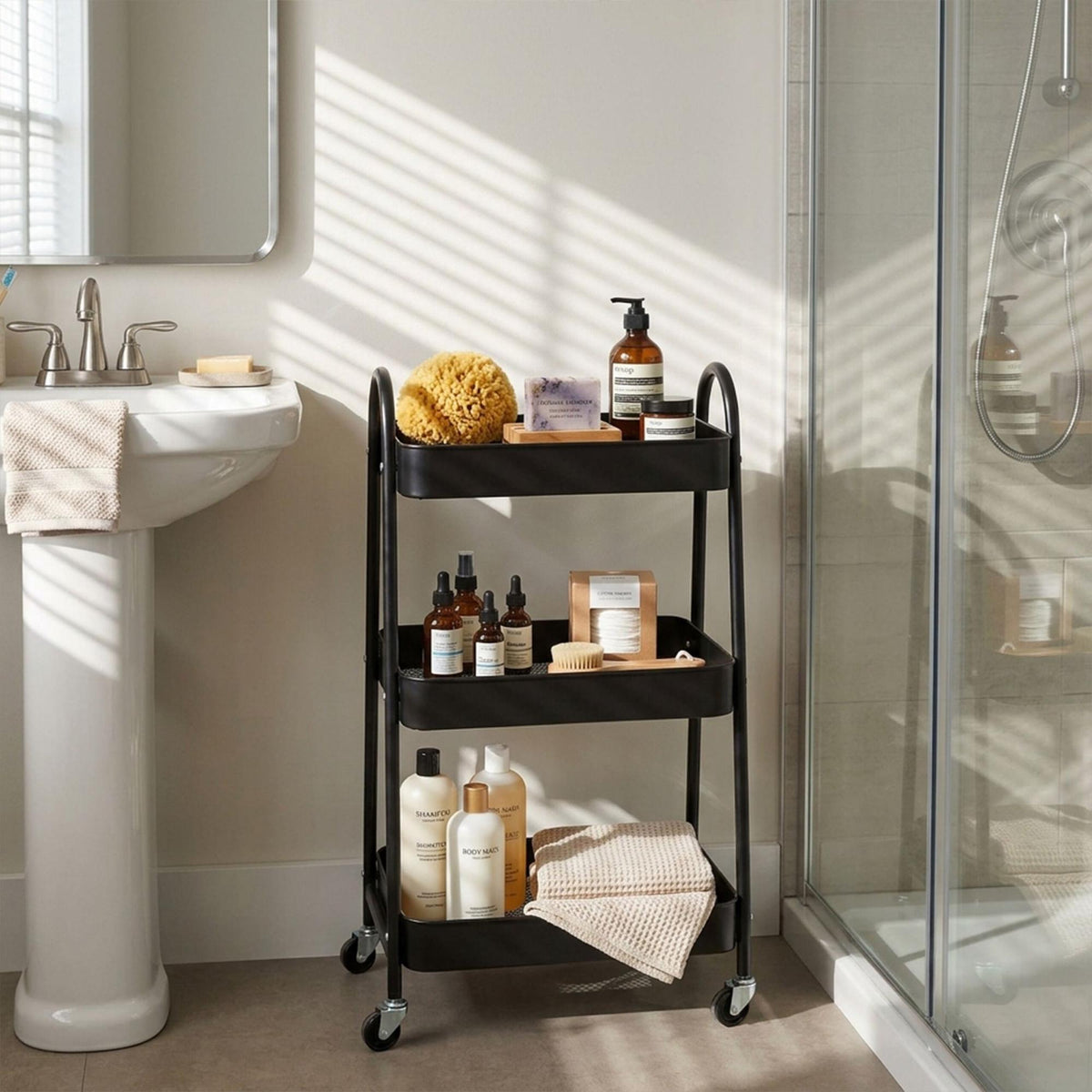 3-Tier Black Storage Trolley with Hooks & Wheels