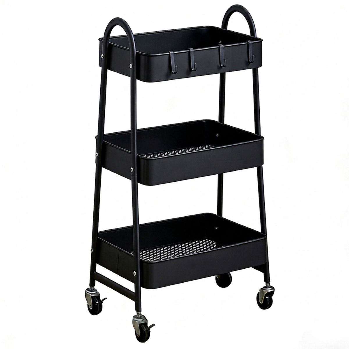 3-Tier Black Storage Trolley with Hooks & Wheels