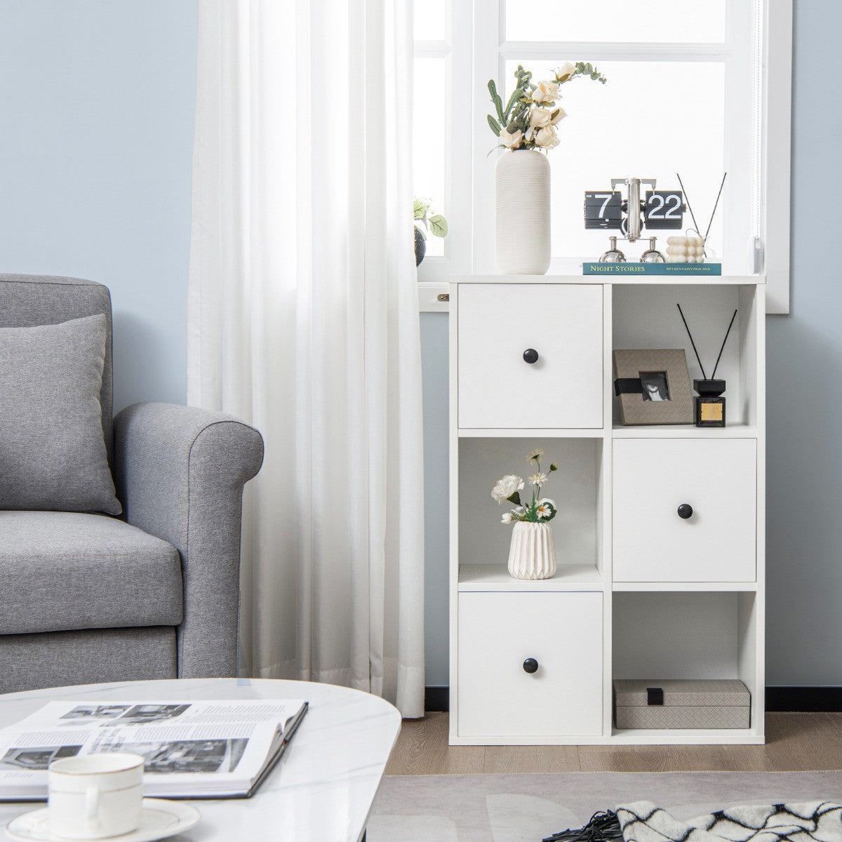 3-Tier Bookshelf, 3 Cubes, 3 Drawers, White