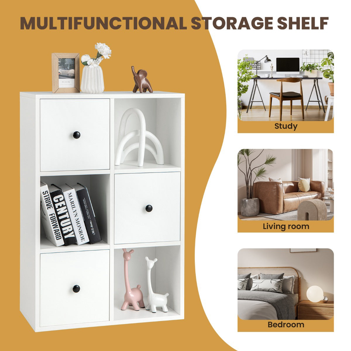 3-Tier Bookshelf, 3 Cubes, 3 Drawers, White