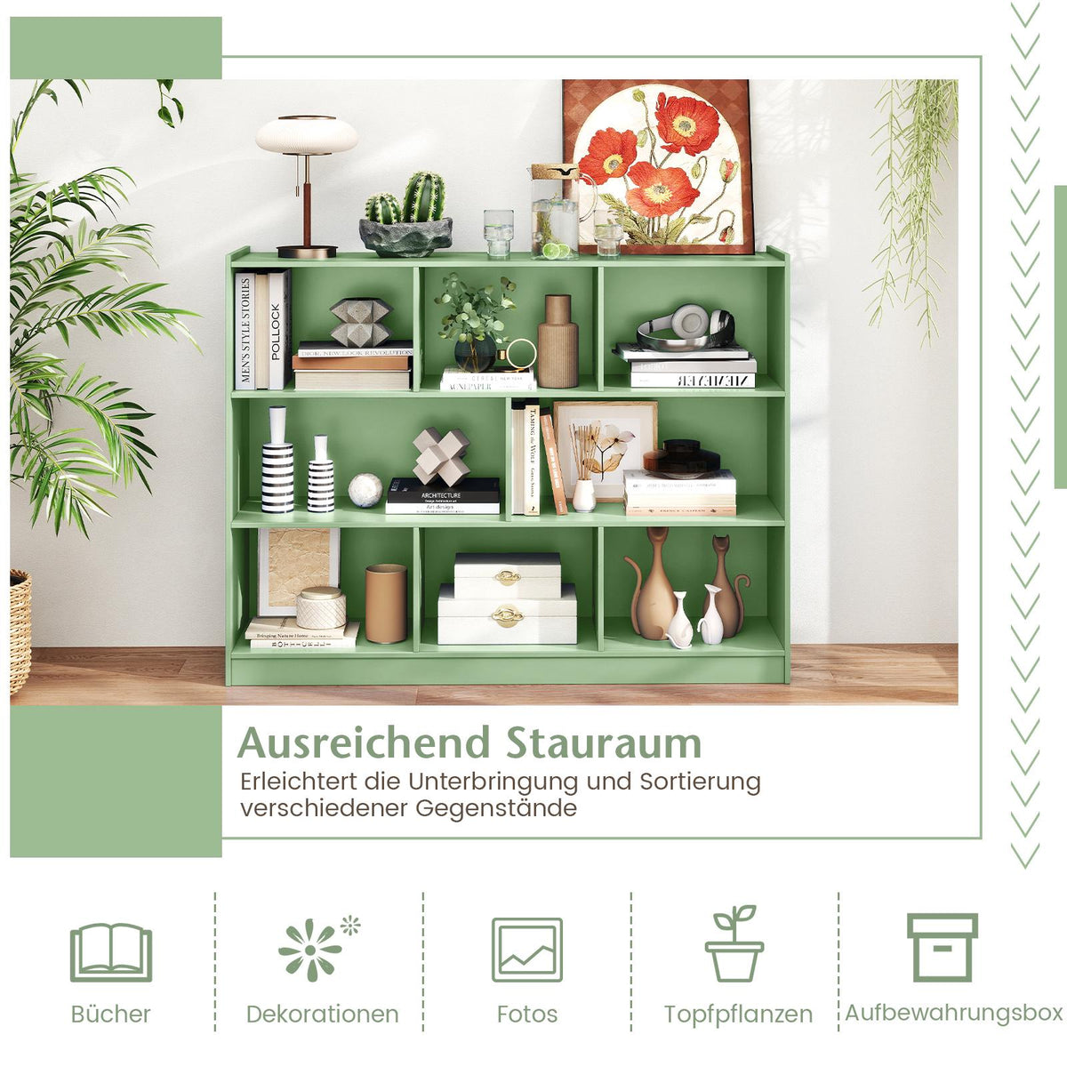 3-Tier Bookshelf with 8 Open Shelves, Green