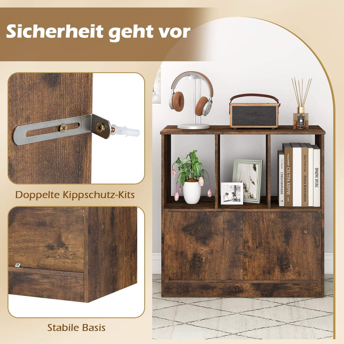 3-Tier Bookshelf with Doors, Open & Closed Storage, Brown