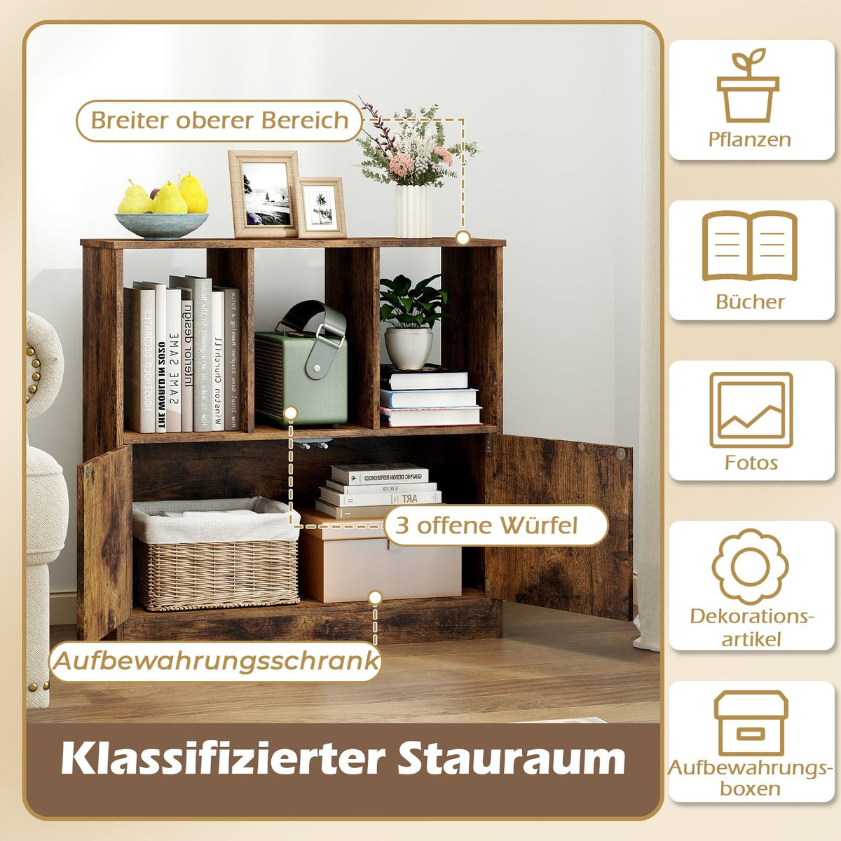 3-Tier Bookshelf with Doors, Open & Closed Storage, Brown
