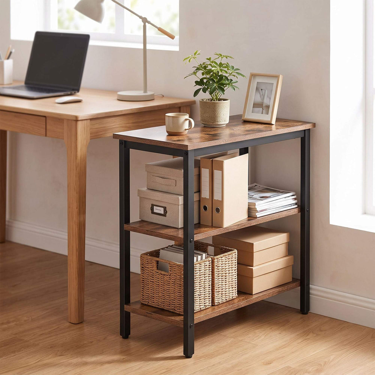 3-Tier Brown Side Table with Shelves, MDF & Metal