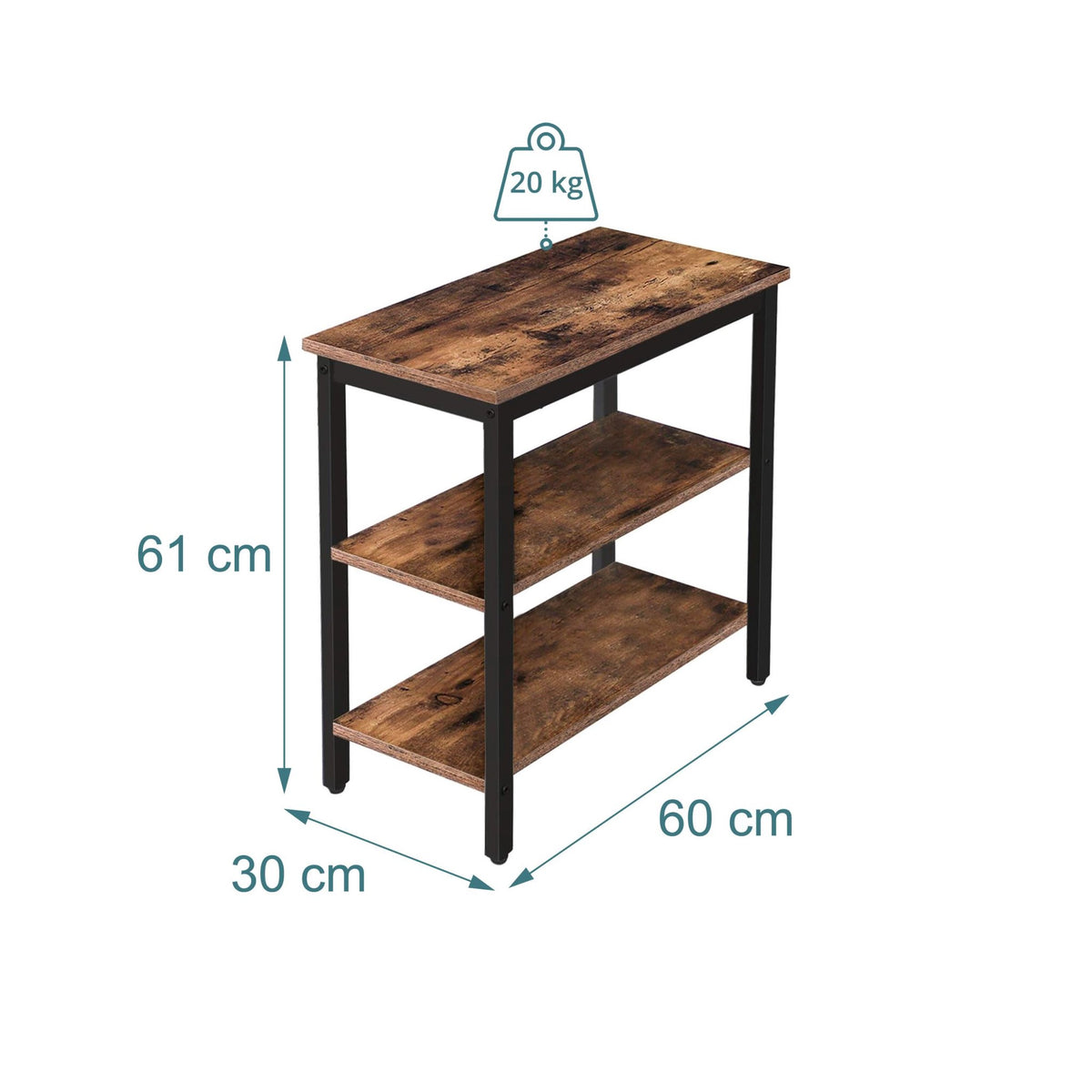 3-Tier Brown Side Table with Shelves, MDF & Metal