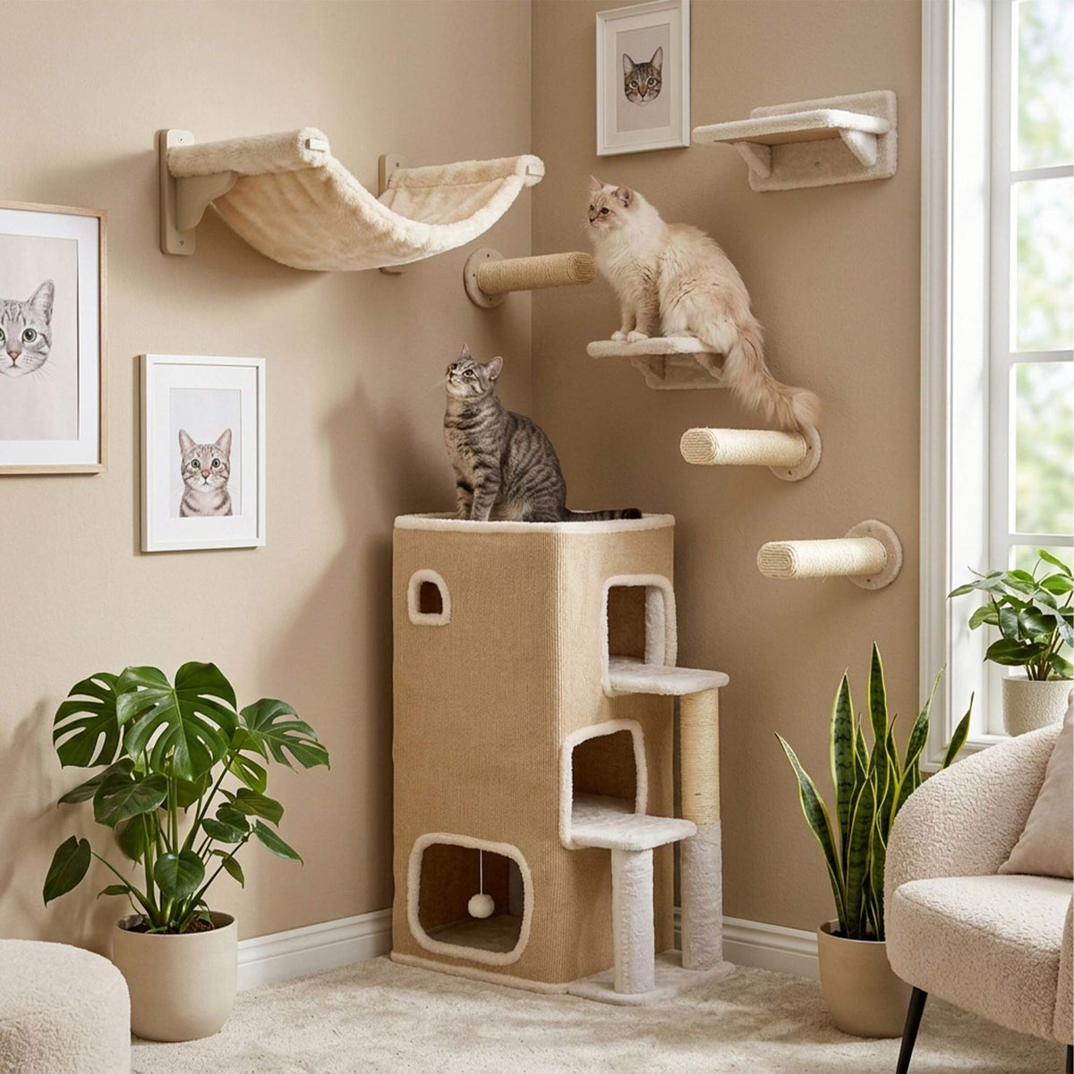3-Tier Cat House with Sisal Post & Toy - Beige