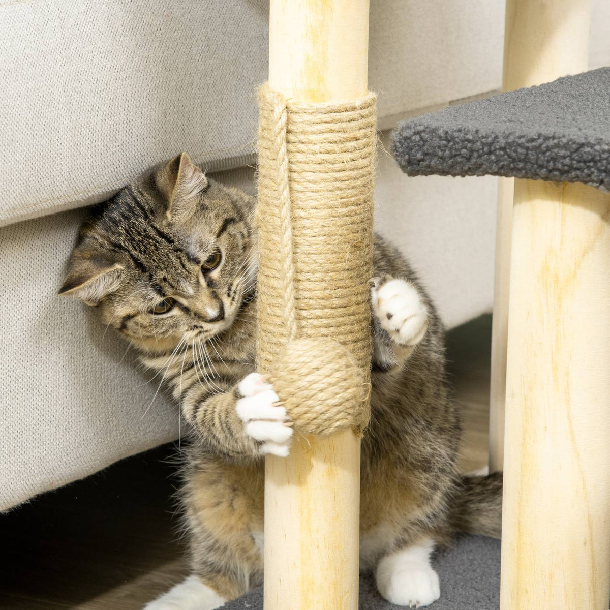 3-Tier Cat Scratching Post With Sisal Column & Play Ball, Pine Wood, Grey/Natural Wood