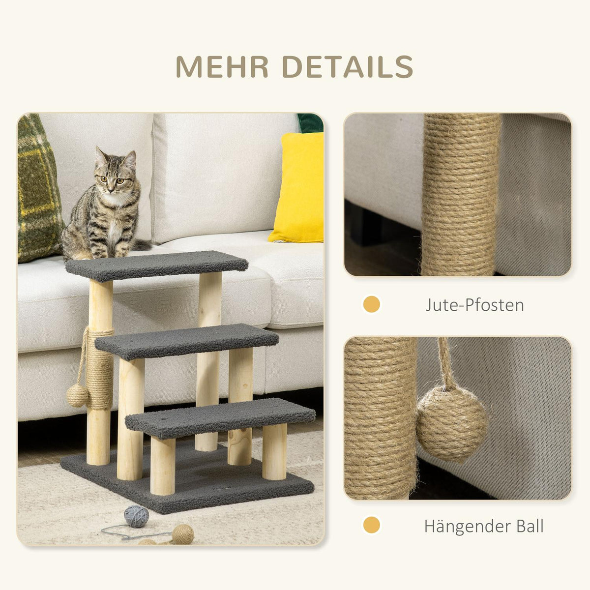 3-Tier Cat Scratching Post With Sisal Column & Play Ball, Pine Wood, Grey/Natural Wood
